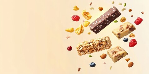 Assorted snack bars with nuts and fruits on a light background.