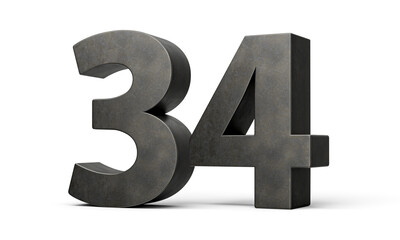 Number Thirty four 34 Digit Made Of Gray Smooth Cast Iron Isolated On White Background 3d Illustration