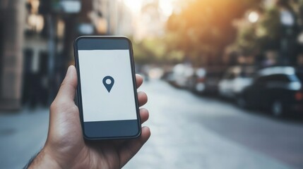 A hand holds a smartphone with a visible location pin on the screen as sunlight filters through a vibrant city street. Generative AI