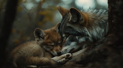 Fototapeta premium A baby wolf cub nursing from its mother in the wilderness, representing the bond of love, care, and protection between them