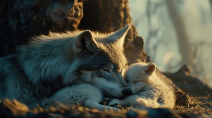 Fototapeta premium A baby wolf cub nursing from its mother in the wilderness, representing the bond of love, care, and protection between them