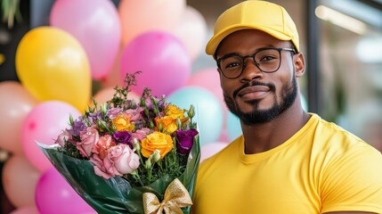 Fashionably dressed man in yellow and glasses holds a luxurious bouquet near colorful balloons, embodying sophistication and elegance in a joyful atmosphere.