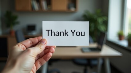 A person holding a thank you note in an office setting with plants, a desk, and a laptop visible during daylight hours
