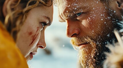 Two individuals with frosty, determined expressions look intensely at each other amid swirling snowflakes, conveying tension and intrigue within a wintry setting.