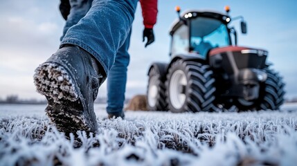 A determined farmer walks towards a tractor on a frost-covered field at dawn, embodying the spirit of hard work, resilience, and dedication on a winter morning.