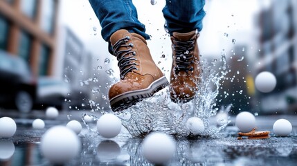 A person captures adventure by leaping through a rain-soaked city street, white spheres swirling around in a lively capture of urban spontaneity and zest.