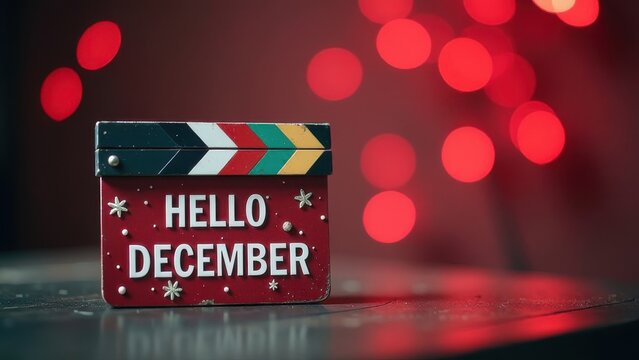 Decorative sign saying hello December on a table with festive bokeh lights in the background creating a warm, inviting atmosphere - Powered by Adobe
