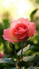 Delicate pink rose blossoms amid lush greenery in a serene garden setting