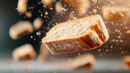 An intricate image of a bread slice surrounded by crumbs as they float through the air, with a sense of motion, showcasing texture and inviting a sensory response.