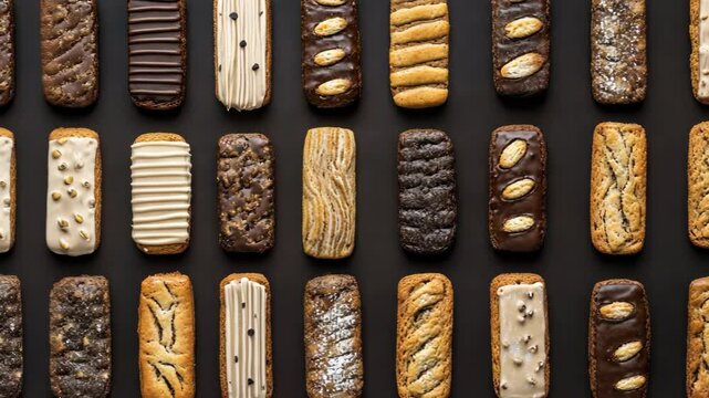 A variety of baked goods arranged in rows on a dark background