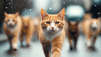 Obraz premium A determined orange tabby cat gracefully strides across a wintery street, leading its feline friends amidst gently falling snowflakes in the chill evening air.