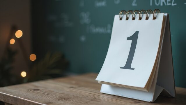 A minimalist desk calendar displays the first day of the month by a chalkboard in a cozy workspace during the evening hours