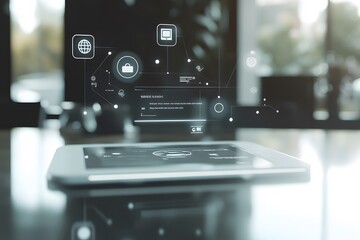 Tablet with Holographic Interface and Network Connection Icons