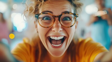 A lively woman with curly hair and glasses is caught at an exciting moment while taking a selfie indoors, capturing the energy and spontaneity of modern life.