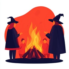 Halloween bonfire celebration, people in costumes gathered around, spooky stories being told, flat design illustration