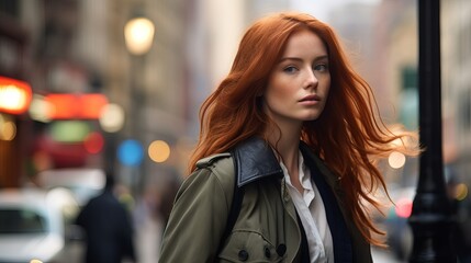 Fototapeta premium A young woman with long red hair walks through a city street, looking over her shoulder.