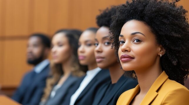 Diverse group of business professionals in formal attire seated in a row