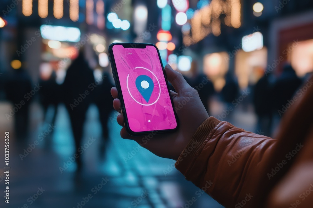 Poster a male hand holds a smartphone showing a location pin on the screen as evening crowds move through a