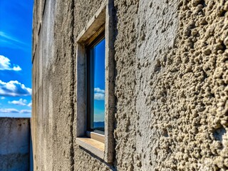 Macro Photography of Concrete Wall with Window to Clear Sky, Urban Texture, Nature Contrast, Architectural Detail, Serenity, Minimalism, Outdoor View, Wall Surface, Open Space, Sky View