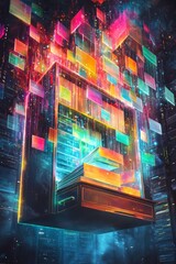 A floating filing cabinet, with glowing folders spilling out in abstract, colorful light patterns. 