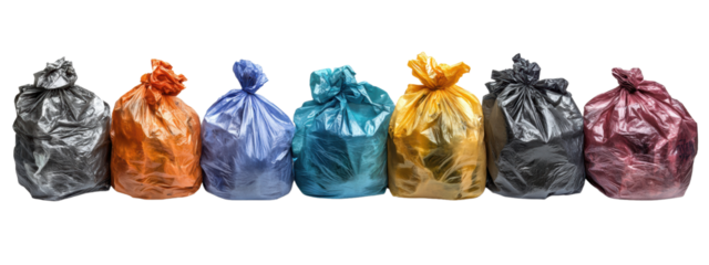 Set of Colorful trash bags lined up for waste disposal isolated on transparent background.  