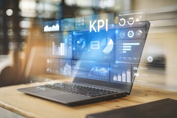 A Photo of a Laptop Displaying Key Performance Indicators on a Wooden Table A Glimpse into Modern Business Analytics