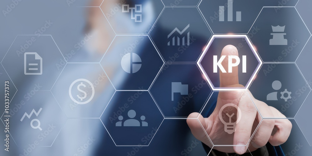 Poster digital interface featuring multiple hexagonal tiles for kpi management and visualization in busines