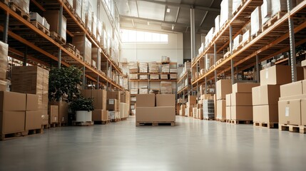 Large warehouse with rows of stacked boxes.