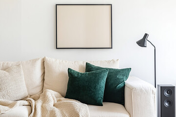 light beige linen sofa, adorned with green pillows and a soft blanket, creates a cozy focal point in the stylish living room. A white-painted wall complements a framed abstract drawing above the couch