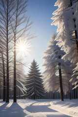 Winter landscape with sun in the frame trees covered with snow