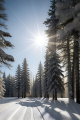 Winter landscape with sun in the frame trees covered with snow