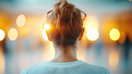 A woman with tied hair stands appreciating a glowing art installation surrounded by ambient lights, creating a vibrant and artistic atmosphere in a modern space.