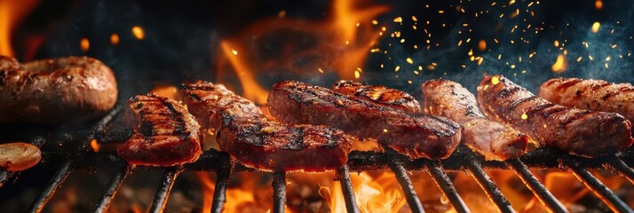 Grilled meats on a barbecue grill with flames and smoke.