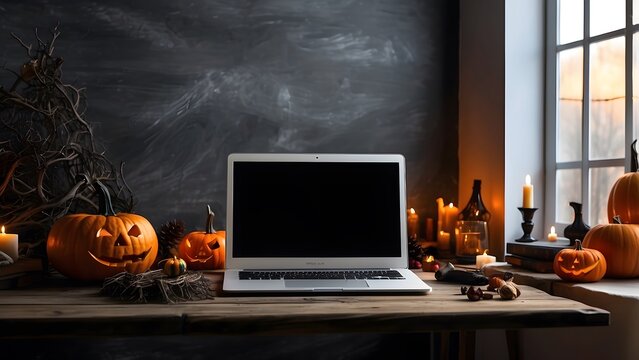 Modern minimalist laptop mockup on table for Halloween, blank frame of laptop screen mockup, Halloween vibes spooky scary environment of the room interior design