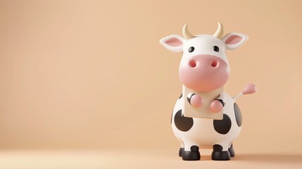 Fototapeta premium Cute cartoon cow with black spots standing on a peach background.