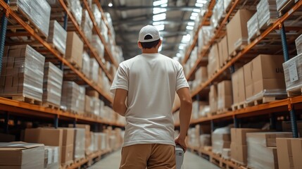 A man walks down an aisle in a warehouse.