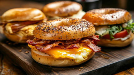 A bagel sandwich with bacon, cheese, and eggs, sandwiches on a wooden board.