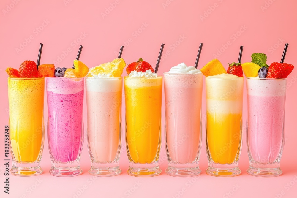 Poster delight in a colorful collection of tall glasses featuring various refreshing drinks and milkshakes 