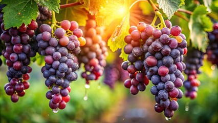 A symphony of purple and red grapes, glistening with dew drops, hanging from a verdant vine against a backdrop of warm sunlight.