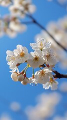 Blossoming cherry flowers against a clear blue sky during the spring season