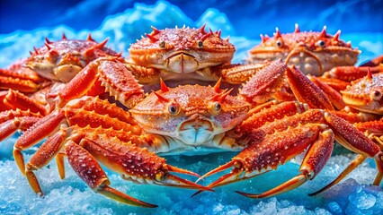 A Collection of Freshly Caught Crabs, Their Red Shells Glistening with a Light Frost, Displayed on a Bed of Icy Blue Crystals