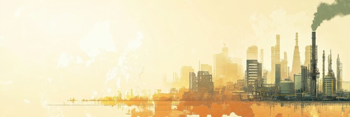 Fototapeta premium Industrial skyline with smokestacks and sunset background, orange and yellow tones.