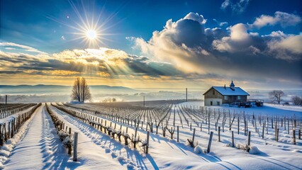 Fototapeta premium A winter wonderland in the heart of a vineyard, where a solitary farmhouse stands tall, enveloped in a blanket of snow and bathed in the golden rays of a setting sun.