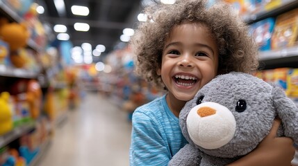A delighted child with curly hair joyfully cuddles a plush teddy bear in a vibrant toy store, showcasing childhood innocence and happiness in a vivid atmosphere.