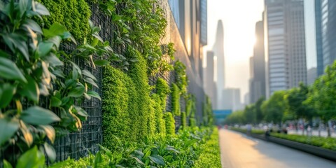 Fototapeta premium Lush green vertical garden alongside modern city buildings.