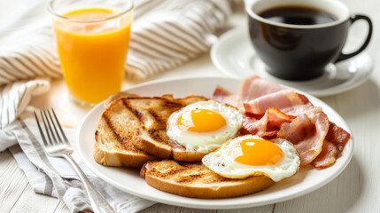 Fototapeta premium Breakfast table with eggs, bacon, and orange juice