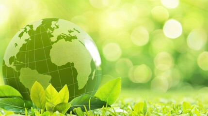 Green globe on leafy grass with eco-friendly light bokeh background
