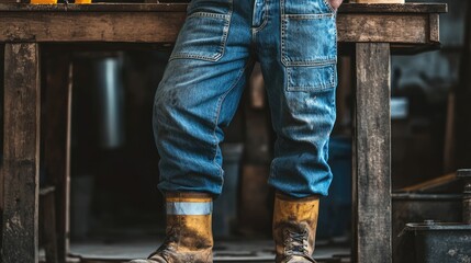 Worker in Blue Jeans and Boots at a Workshop