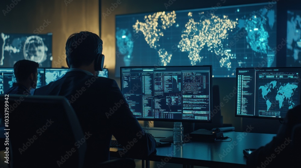Poster Hacker Working Late at Night in Front of Multiple Monitors Displaying Data and a World Map