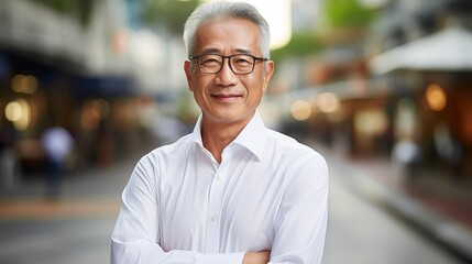 Fototapeta premium A smiling Asian man with gray hair stands in a city setting. He is wearing a white shirt and has his arms crossed.